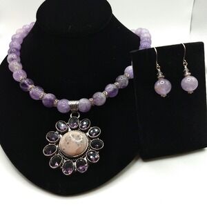 Sterling Silver Amethyst Dendrite Opal Pendant Crystal Necklace and Earring Set